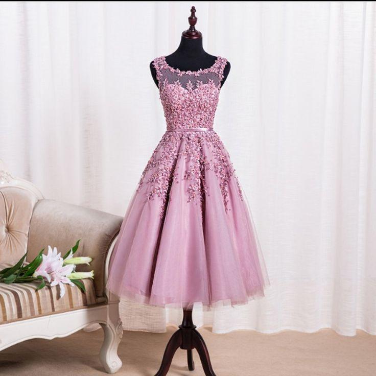 pink tea-length lace appliques short homecoming dress, HD156