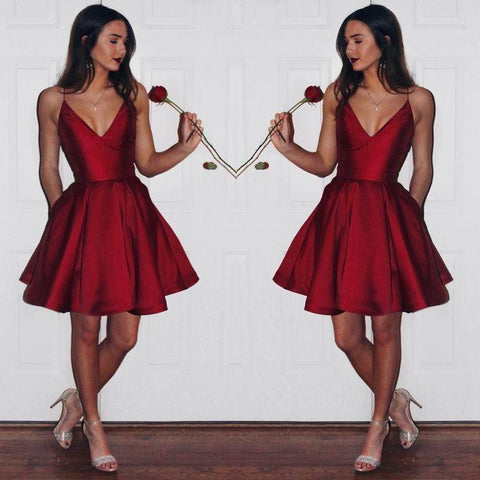 red simple v-neck short A-line homecoming dress, BD35649