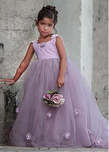Attractive Tulle Square Neckline Ball Gown Flower Girl Dresses With Handmade Flowers, FW03