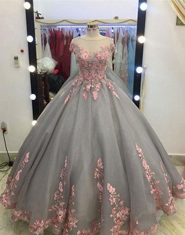 short sleeves A-line gray tulle flower appliques long prom dress, PD2577