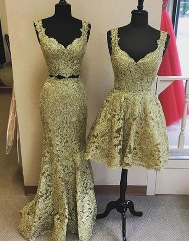 gold lace mismatched party prom dress, PD3485