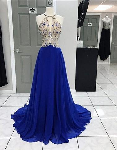 2020 beaded royal blue chiffon long prom dresses, PD3484
