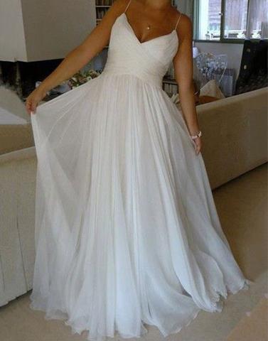 simple spaghetti straps chiffon white long prom dress, PD5577