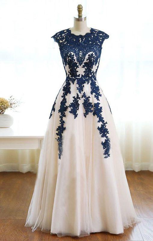 lace applique prom dress, long prom dress, A-line prom dress, tulle evening dress, A-line prom dress, BD414