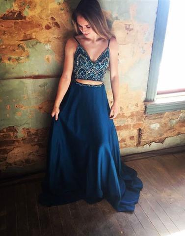 spaghetti straps blue two pieces long beaded prom dress, BD4454