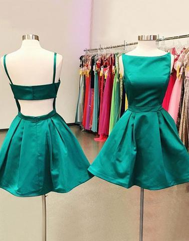 green short satin junior simple homecoming dress, BD3887