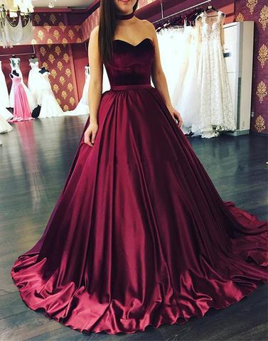 burgundy A Line long satin sweetheart formal prom dress, PD2122