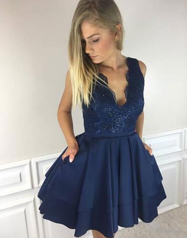 A-Line Dark Blue Lace V-Neck Short Homecoming Dresses - JLDressCA A-Line Dark Blue Lace V-Neck Short Homecoming Dresses - JLDressCA