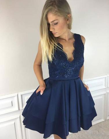 A line dark blue lace v-neck short homecoming dresses, HD395