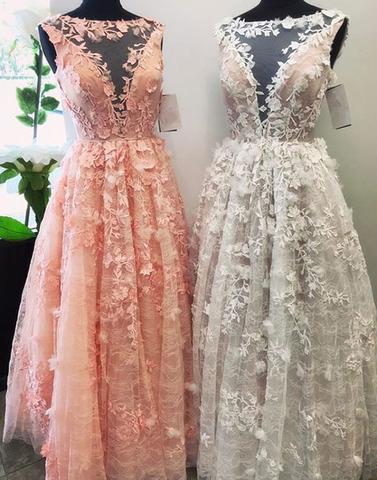 appliques tulle scoop A-line long prom dresses, PD3325