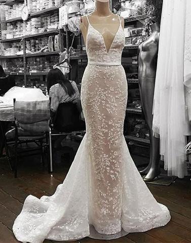 elegant formal mermaid lace white long prom dress, PD5576