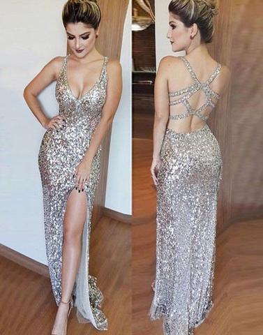 sequin sparkle sexy side slit long charming formal prom dress, PD5701