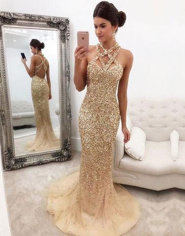 charming full beaded open back mermaid long prom dress, PD7676