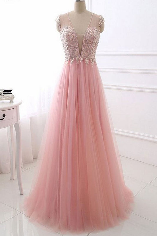 light pink tulle beaded cap sleeves long prom dress, PD5218