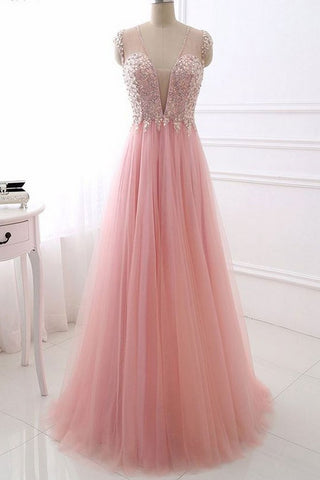 light pink tulle beaded cap sleeves long prom dress, PD5218