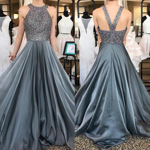 gray beaded long formal prom dress, PD1544