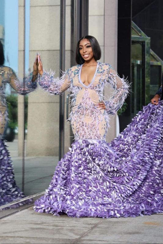 Lilac Fur Sequins Mermaid Prom Dresses|Long Sleeves Satin Evening Gowns,PD21027