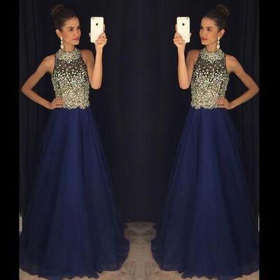 blue prom dress, long prom dress, beaded prom dress, charming evening dress, luxury prom dress, BD411