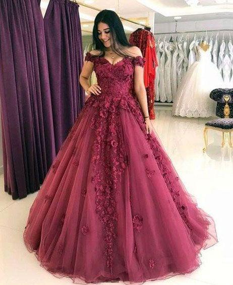 formal charming burgundy A-line off shoulder long prom dress, PD555