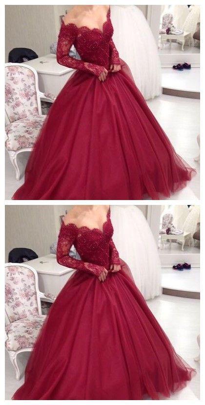 off shoulder long sleeves A-line burgundy lace long prom dress, PD7690