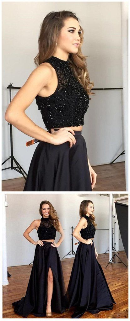 formal beaded top two pieces black side slit long prom dress, PD8593