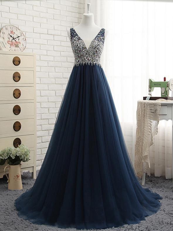 beaded v-neck dark blue tulle long prom dresses, PD1899
