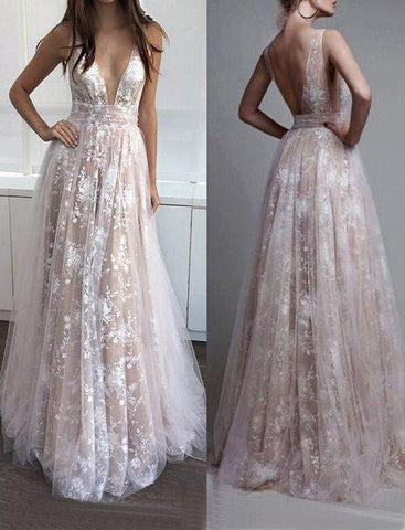 lace long v-neck prom dresses, BD490