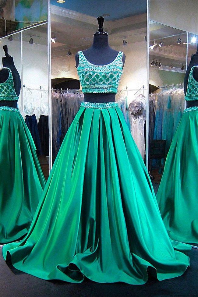 formal A-line two pieces beaded top green long prom dress, PD8860