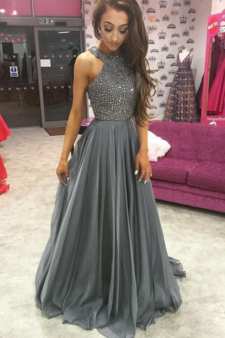 gray beaded long formal prom dress, PD1544