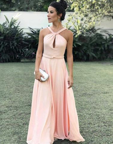 elegant halter pink chiffon A-line long prom dress, PD3326