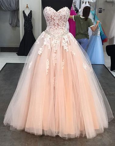 2020 lace appliques sweetheart A-line tulle long prom dresses, PD6568