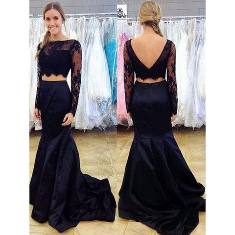 black prom dress, long prom dress, lace sleeves prom dress, two pieces evening dress, mermaid prom dress, BD412