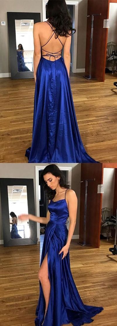 open back side slit royal blue long prom dress, PD5893