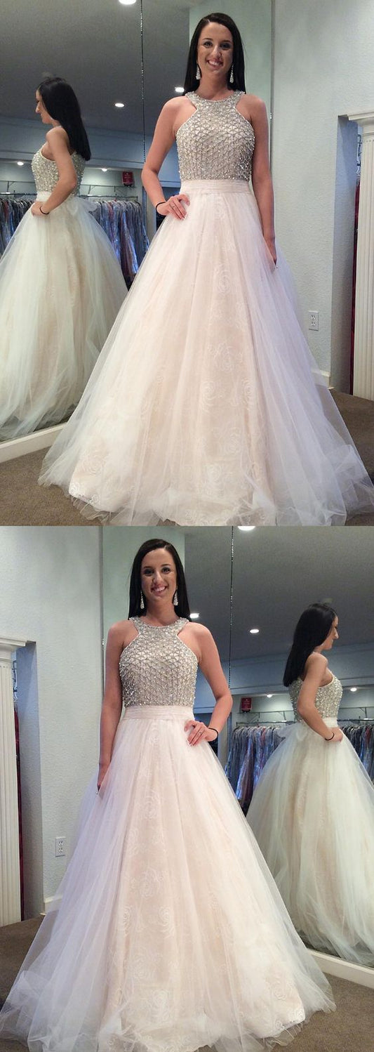 formal two pieces white tulle beaded top long prom dress, PD5691