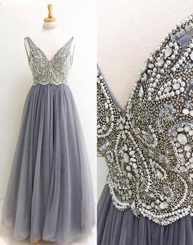 charming  v-neck beaded A-line grey tulle prom dress, PD6575