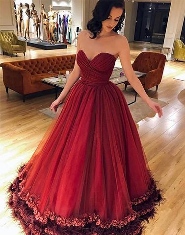 charming formal A-line sweetheart burgundy tulle long prom dress, PD87418