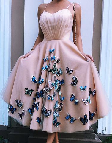 Spaghetti straps tea-length tulle A-line prom dress, PD8749