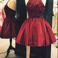 burgundy beaded halter A-line short homecoming dresses, HD845