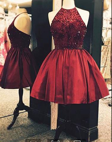 burgundy beaded halter A-line short homecoming dresses, HD845