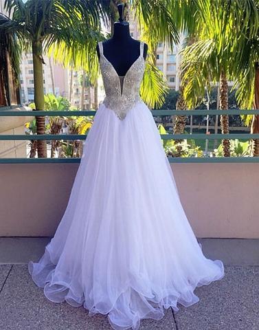 beaded A-line white v-neck tulle long formal prom dresses, PD5227