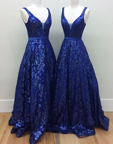A-line royal blue lace v-neck long prom dresses, PD5873