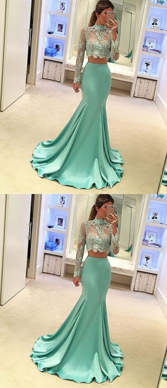 two pieces lace top long sleeves mermaid prom dress, BD7680