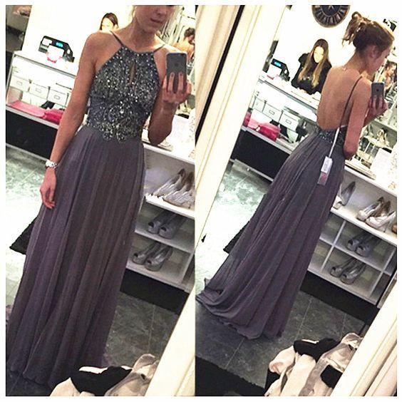 gray prom dress, long prom dress, chiffon prom dress, charming prom dress, backless evening dress, BD62
