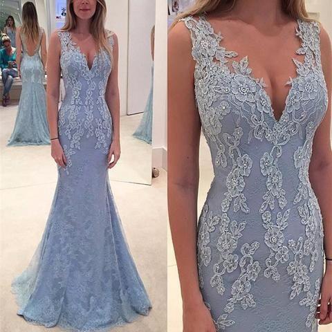 light blue prom dress, long prom dress, lace prom dress, mermaid evening dress, v-neck prom dress, BD410