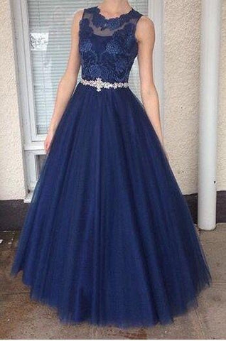 navy prom dress, long prom dress, A-line prom dress, tulle prom dress, evening gown, BD483