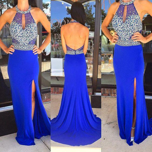 royal blue prom dress, long prom dress, beaded prom dress, halter evening dress, side slit prom dress, BD408