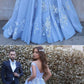 A-line off shoulder blue tulle lace appliques long prom dresses, PD7677
