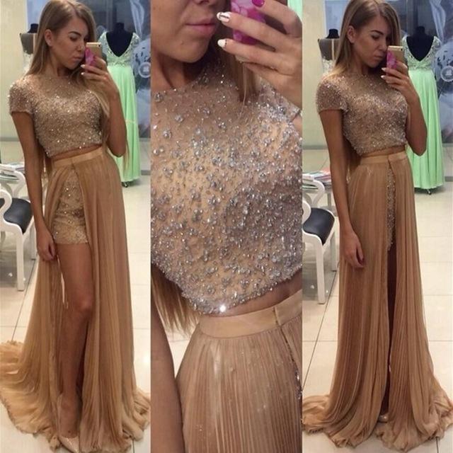 two pieces beaded top short sleeves side slit long prom dress, PD5712