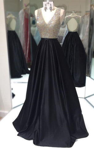 open back v-neck beaded black long prom dress, PD6157