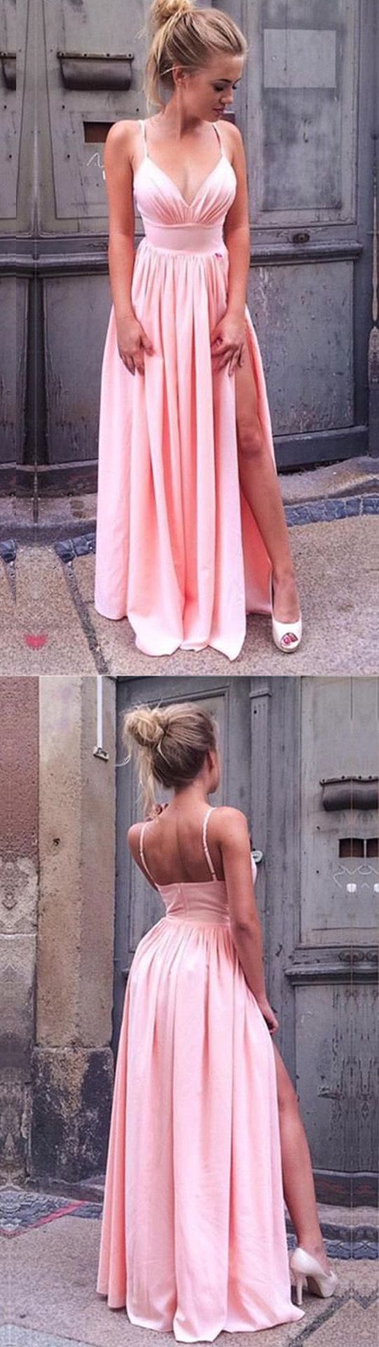 spaghetti straps baby pink simple long prom dress, PD5895
